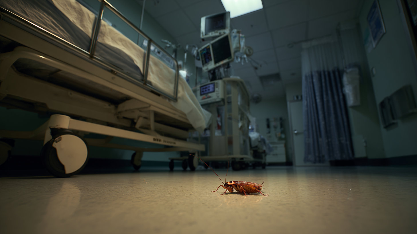 Cucaracha en el piso de un hospital junto a cama de paciente y equipo médico