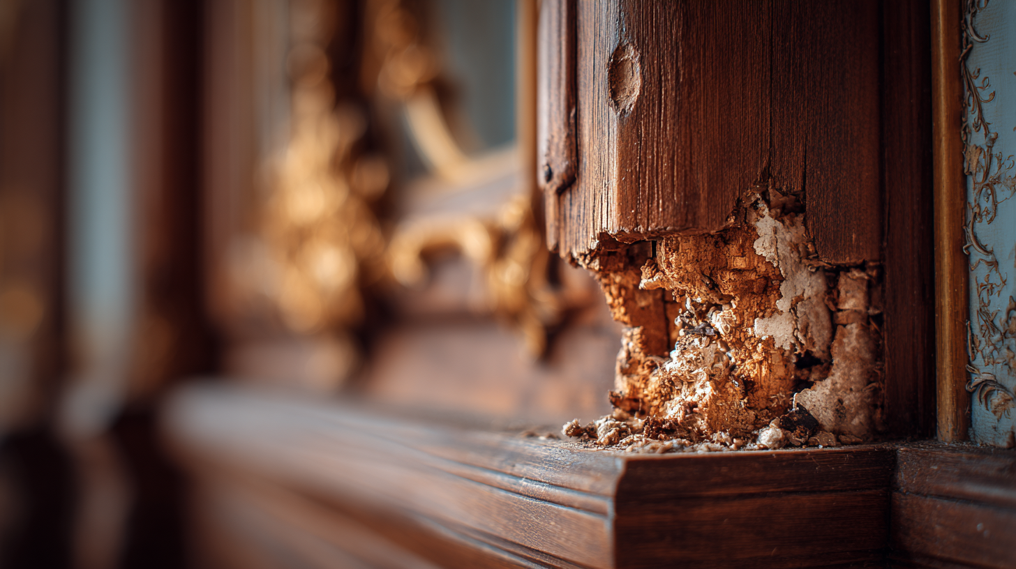 Daño severo de termitas de madera seca en marco de puerta de madera antiguo en sala elegante con espejo dorado de fondo